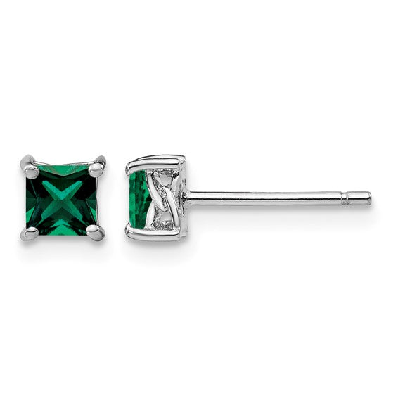 Sterling Silver Rhodium-Plated 4mm Princess-Cut Birthstone Stud Earrings | Genuine Gemstone & Lab-Created Options