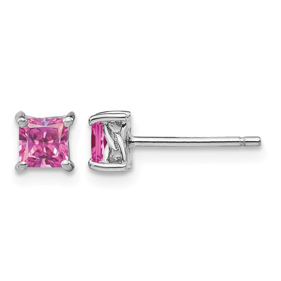 Sterling Silver Rhodium-Plated 4mm Princess-Cut Birthstone Stud Earrings | Genuine Gemstone & Lab-Created Options