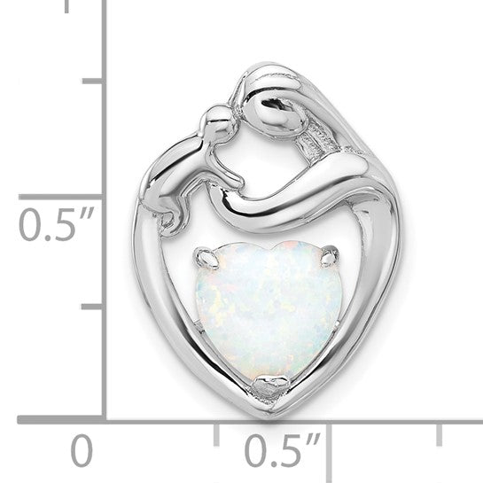 Sterling Silver Rhodium-Plated Created Opal Mother & Child Heart Pendant – 20mm x 15mm Slide Necklace Charm