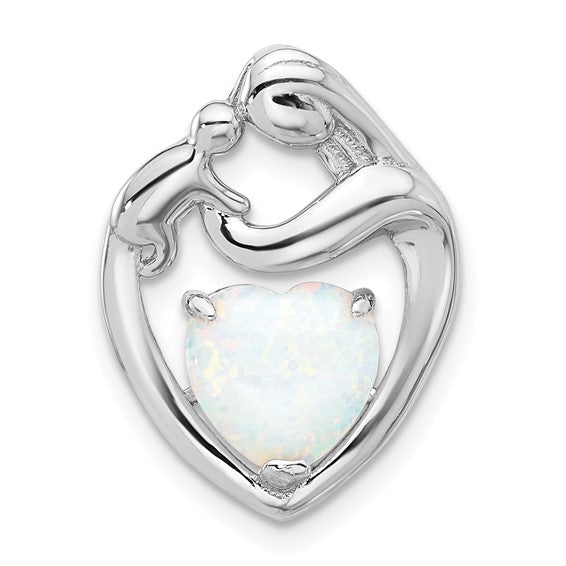 Sterling Silver Rhodium-Plated Created Opal Mother & Child Heart Pendant – 20mm x 15mm Slide Necklace Charm