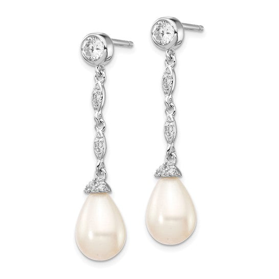 Sterling Silver Rhodium Plated Teardrop Freshwater Pearl & CZ Dangle Earrings – 9mm FWC Pearl, 36mm Drop