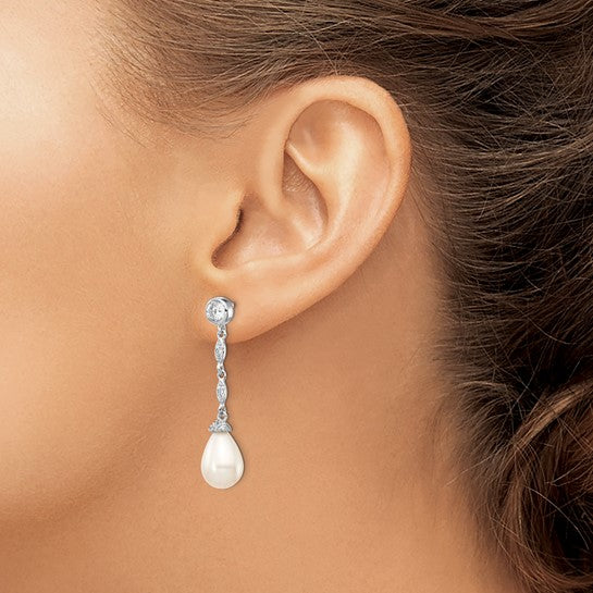 Sterling Silver Rhodium Plated Teardrop Freshwater Pearl & CZ Dangle Earrings – 9mm FWC Pearl, 36mm Drop