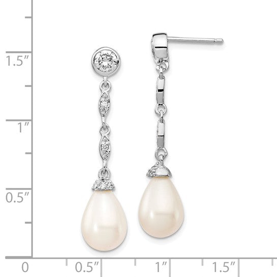 Sterling Silver Rhodium Plated Teardrop Freshwater Pearl & CZ Dangle Earrings – 9mm FWC Pearl, 36mm Drop