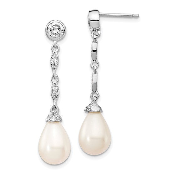 Sterling Silver Rhodium Plated Teardrop Freshwater Pearl & CZ Dangle Earrings – 9mm FWC Pearl, 36mm Drop