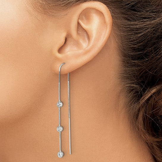 Sterling Silver Polished 3 Bezel-Set Cubic Zirconia Threader Earrings – 65mm Long, 4mm Wide