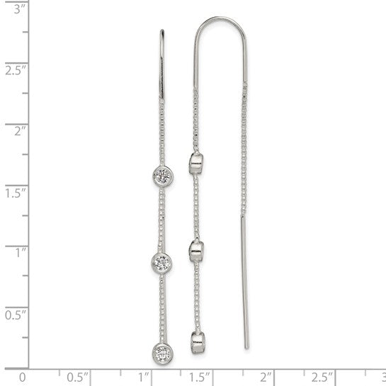 Sterling Silver Polished 3 Bezel-Set Cubic Zirconia Threader Earrings – 65mm Long, 4mm Wide