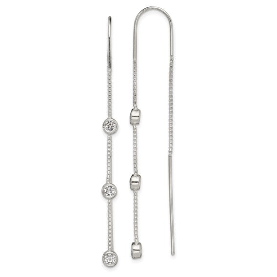 Sterling Silver Polished 3 Bezel-Set Cubic Zirconia Threader Earrings – 65mm Long, 4mm Wide