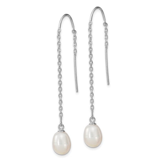 Sterling Silver Rhodium-Plated Freshwater Cultured Pearl Threader Earrings – 7-8mm White Teardrop Pearls, 57mm Length