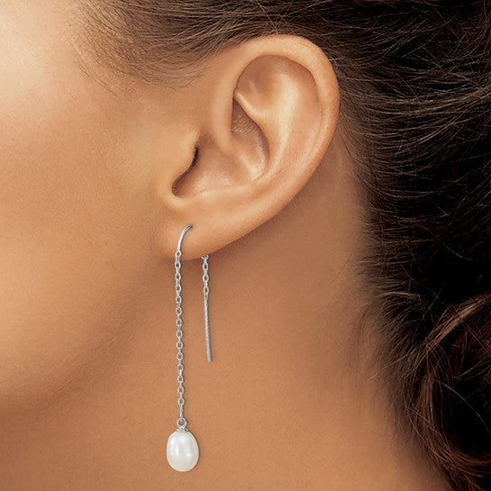 Sterling Silver Rhodium-Plated Freshwater Cultured Pearl Threader Earrings – 7-8mm White Teardrop Pearls, 57mm Length