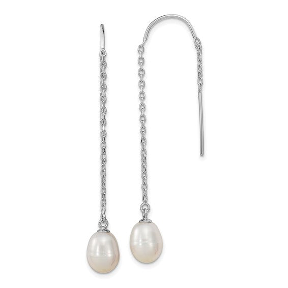 Sterling Silver Rhodium-Plated Freshwater Cultured Pearl Threader Earrings – 7-8mm White Teardrop Pearls, 57mm Length
