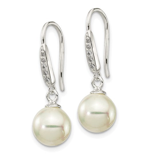 Sterling Silver Rhodium Plated White Pearl & CZ Dangle Earrings – 7-8mm Pearl, 26mm Drop