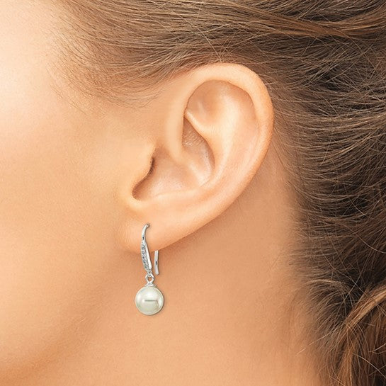 Sterling Silver Rhodium Plated White Shell Pearl & CZ Dangle Earrings – 7-8mm Pearl, 26mm Drop