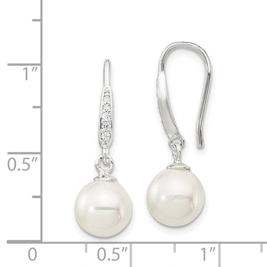 Sterling Silver Rhodium Plated White Shell Pearl & CZ Dangle Earrings – 7-8mm Pearl, 26mm Drop
