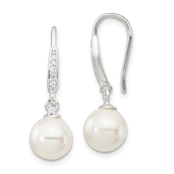 Sterling Silver Rhodium Plated White Shell Pearl & CZ Dangle Earrings – 7-8mm Pearl, 26mm Drop