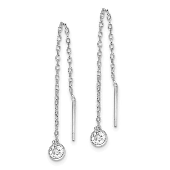 Sterling Silver Rhodium-Plated Cubic Zirconia Bezel Chain Threader Earrings – 63mm Long, 4.4mm Wide