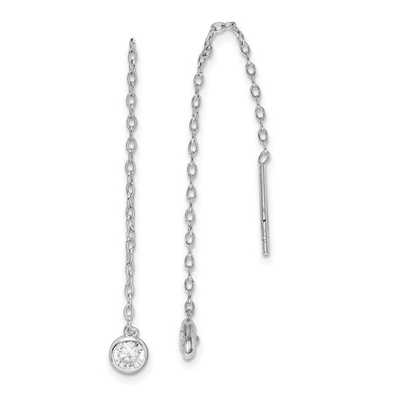 Sterling Silver Rhodium-Plated Cubic Zirconia Bezel Chain Threader Earrings – 63mm Long, 4.4mm Wide
