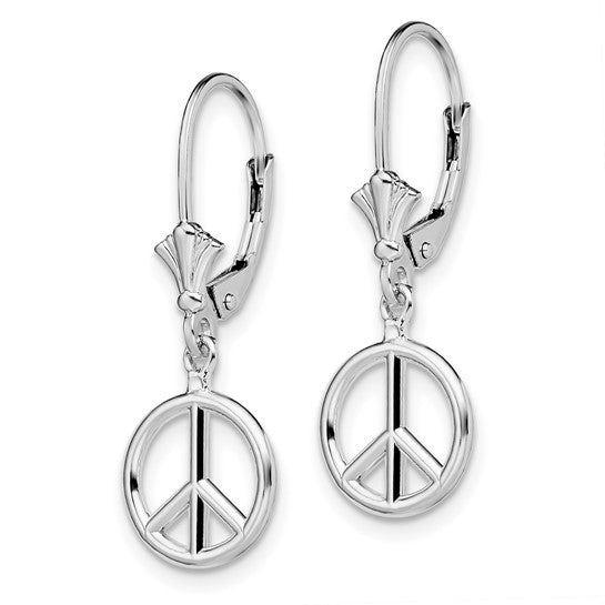 Sterling Silver Rhodium-Plated 3D Peace Symbol Leverback Earrings