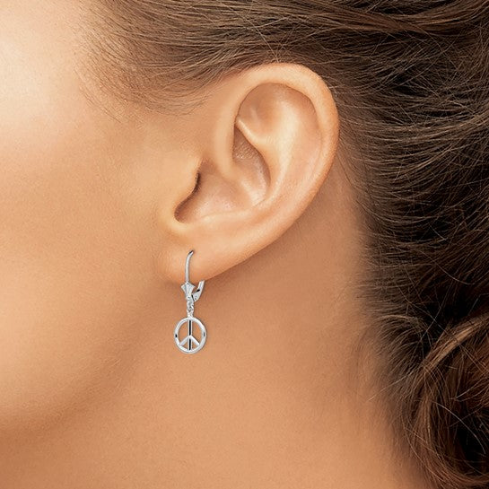 Sterling Silver Rhodium-Plated 3D Peace Symbol Leverback Earrings
