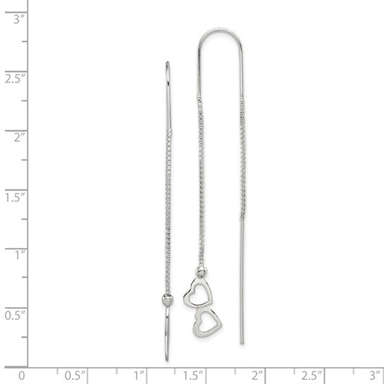 Sterling Silver Polished Double Heart Threader Earrings – 62mm Long, 9mm Wide