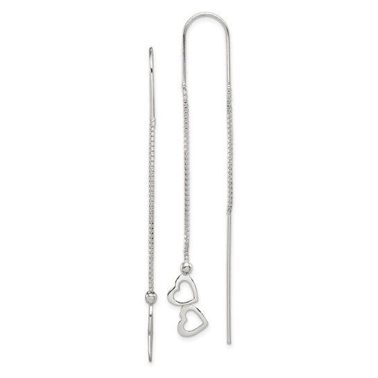Sterling Silver Polished Double Heart Threader Earrings – 62mm Long, 9mm Wide