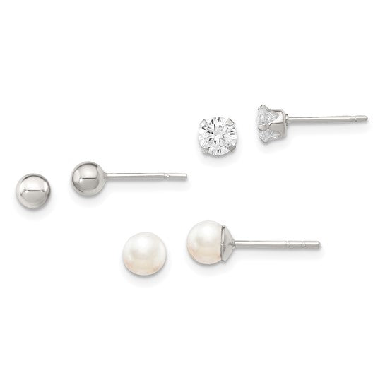 Sterling Silver 3 Pair Stud Earring Set – 5mm Freshwater Pearl, Stellux Crystal & Polished Ball Studs