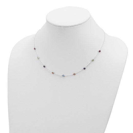 Sterling Silver 9-Station Cubic Zirconia Necklace – Bezel Set CZ Necklace | Blue, Red, or Multicolor | 18 Inch - Stackable