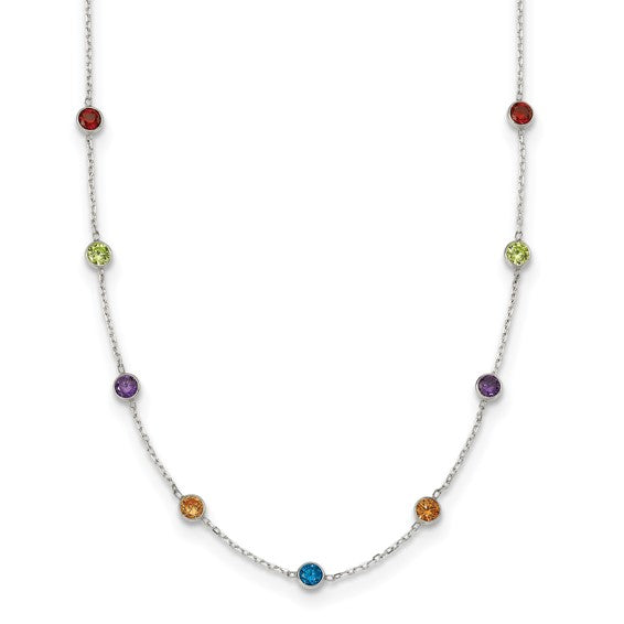 Sterling Silver 9-Station Cubic Zirconia Necklace – Bezel Set CZ Necklace | Blue, Red, or Multicolor | 18 Inch - Stackable