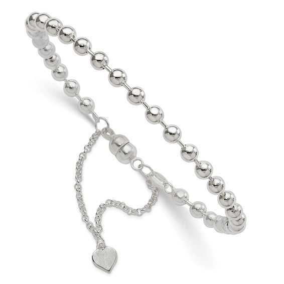 Sterling Silver 4mm Beaded Heart Charm Bracelet – Rhodium-Plated Italian Silver | 7.5 Inch Magnetic Clasp