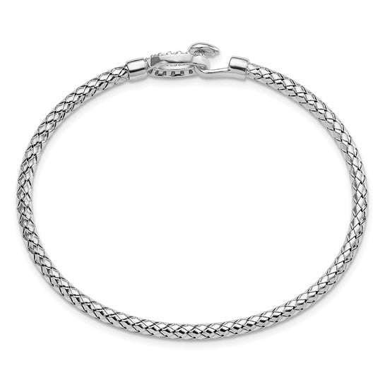 Sterling Silver Rhodium-Plated Braided CZ Hook Bangle Bracelet, Polished Finish, Made in Italy