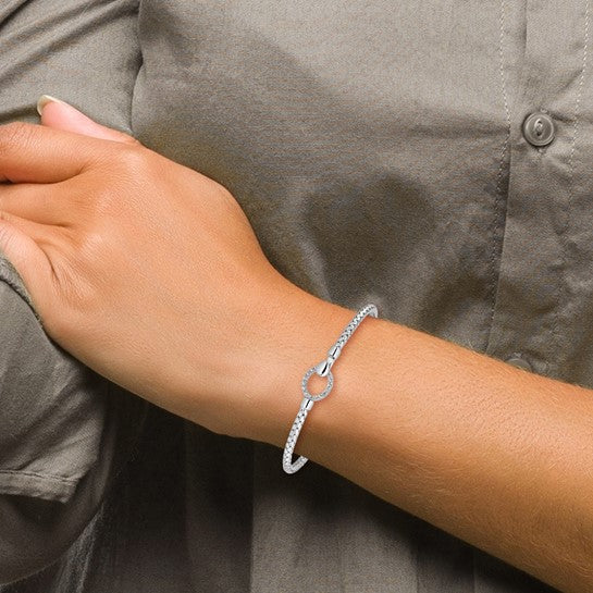 Sterling Silver Rhodium-Plated Braided CZ Hook Bangle Bracelet, Polished Finish, Made in Italy