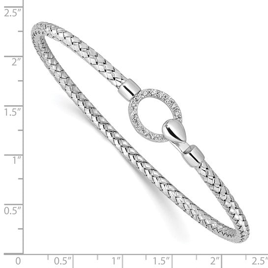 Sterling Silver Rhodium-Plated Braided CZ Hook Bangle Bracelet, Polished Finish, Made in Italy