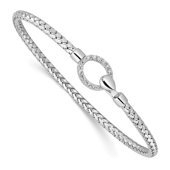 Sterling Silver Rhodium-Plated Braided CZ Hook Bangle Bracelet, Polished Finish, Made in Italy