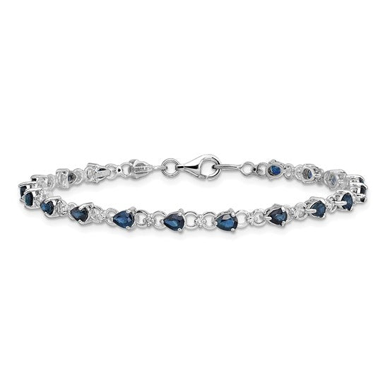 Sterling Silver Natural Pear-Shaped Sapphire & Diamond Bracelet – September Birthstone, 7 Inch