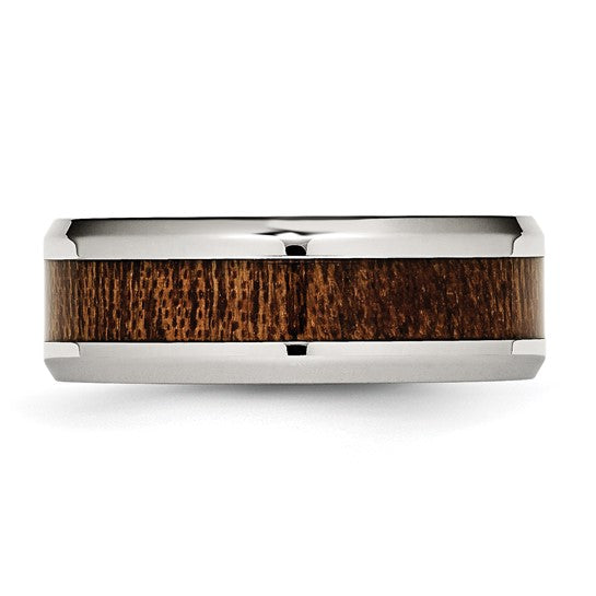 Men's Stainless Steel Brown Koa Wood Inlay Ring – Polished 8mm Band