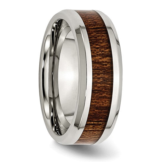 Men's Stainless Steel Brown Koa Wood Inlay Ring – Polished 8mm Band