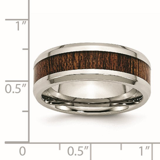 Men's Stainless Steel Brown Koa Wood Inlay Ring – Polished 8mm Band