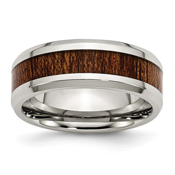 Men's Stainless Steel Brown Koa Wood Inlay Ring – Polished 8mm