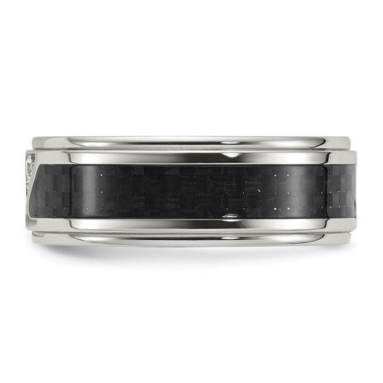 Men's Stainless Steel Black Carbon Fiber & CZ Ring – Polished 8mm Band