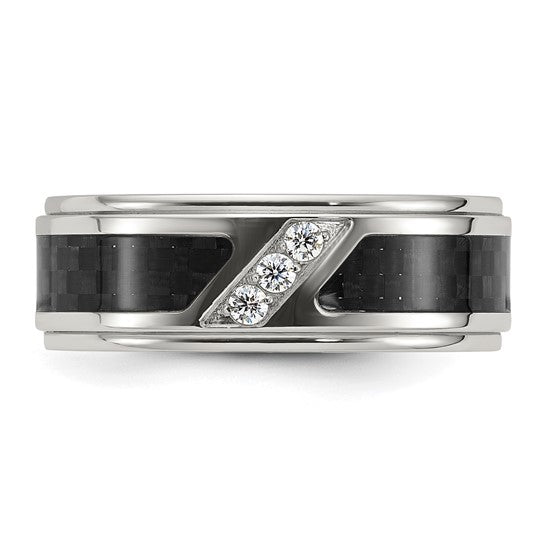 Men's Stainless Steel Black Carbon Fiber & CZ Ring – Polished 8mm Band