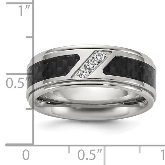 Men's Stainless Steel Black Carbon Fiber & CZ Ring – Polished 8mm Band