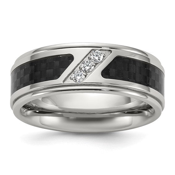 Men's Stainless Steel Black Carbon Fiber & CZ Ring – Polished 8mm Band