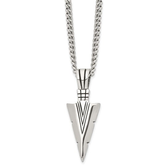Men's Stainless Steel Antiqued & Polished Dagger Pendant Necklace – 22" Curb Chain