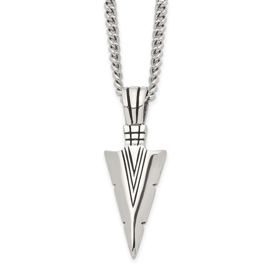 Men's Stainless Steel Antiqued & Polished Dagger Pendant Necklace – 22" Curb Chain