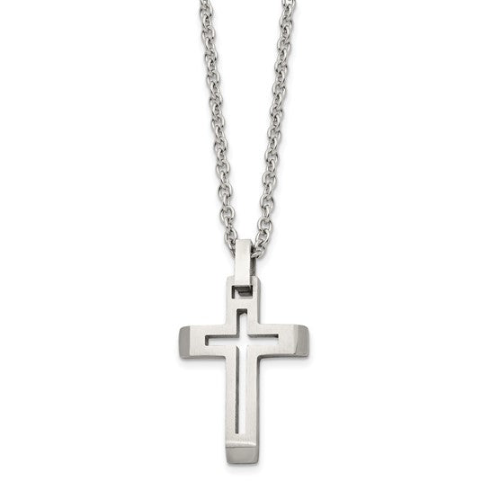 Men's Stainless Steel Brushed & Polished Cut-Out Cross Pendant Necklace – 20 Inch Chain