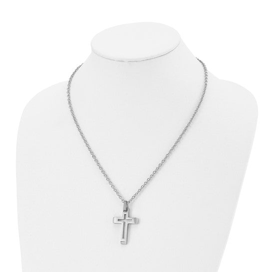 Men's Stainless Steel Brushed & Polished Cut-Out Cross Pendant Necklace – 20 Inch Chain