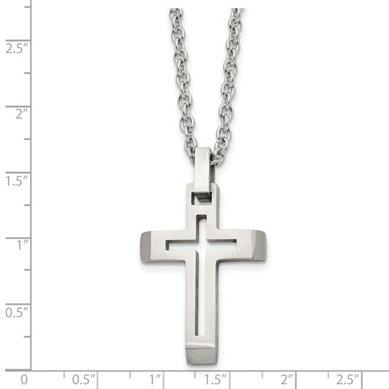 Men's Stainless Steel Brushed & Polished Cut-Out Cross Pendant Necklace – 20 Inch Chain
