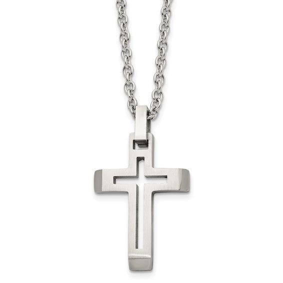 Men's Stainless Steel Brushed & Polished Cut-Out Cross Pendant Necklace – 20 Inch Chain