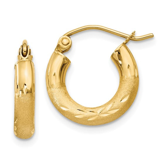 14k Yellow Gold Satin & Diamond Cut Hoop Earrings (3mm), All Sizes
