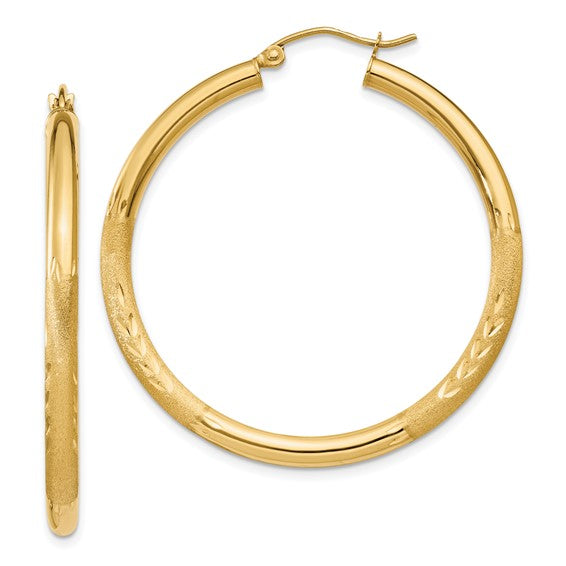 14k Yellow Gold Satin & Diamond Cut Hoop Earrings (3mm), All Sizes