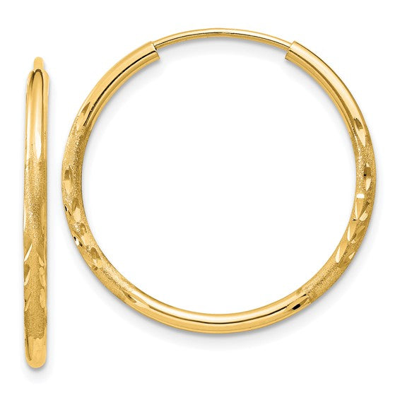 14k Yellow Gold Diamond Cut Endless Hoop Earrings, 1.5mm